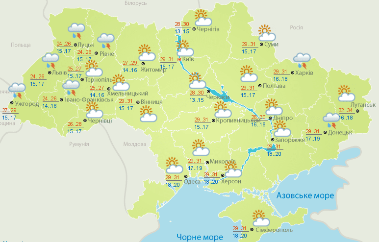 Літні грози і спека: погода в Україні на тиждень (КАРТА) Фото 1 Погода на тиждень в Україні з 9 до 13 серпня 2021 Фото 1