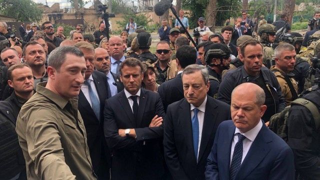 Еммануель Макрон, Олаф Шольц, Маріо Драгі, Клаус Йоганніс в Ірпені 16 червня 2022