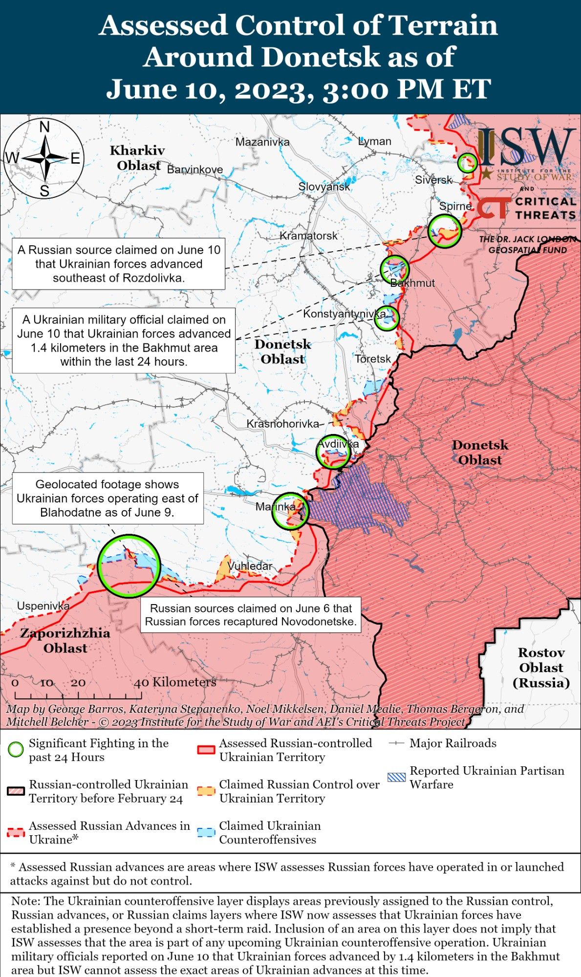 ВСУ продвигаются на нескольких участках и имеют локальные успехи – ISW Фото 1 Карта бойових дій довкола Донецька 10 червня 2023