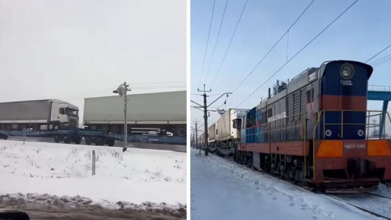 вантажівки на потягу
