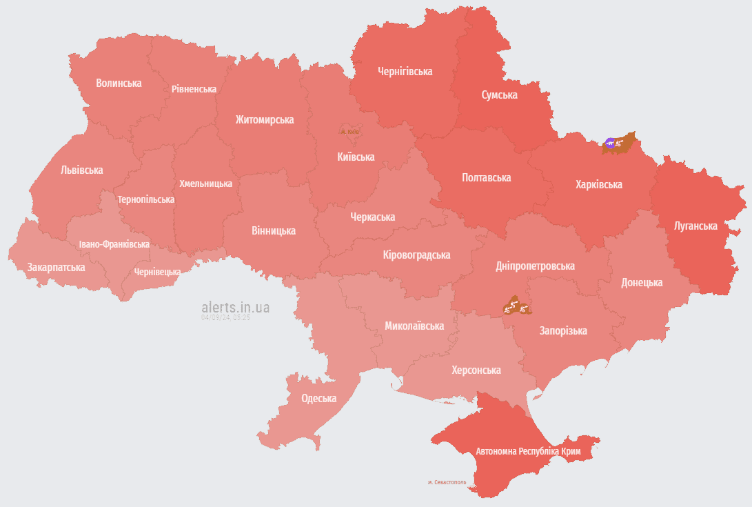 Карта тревог: в воздухе – Ту-95МС, Ту-22М3, МиГ-31К, БпЛА, в море – носитель Калибров Фото 1 Карта повітряних тривог в Україні 4 вересня 2024