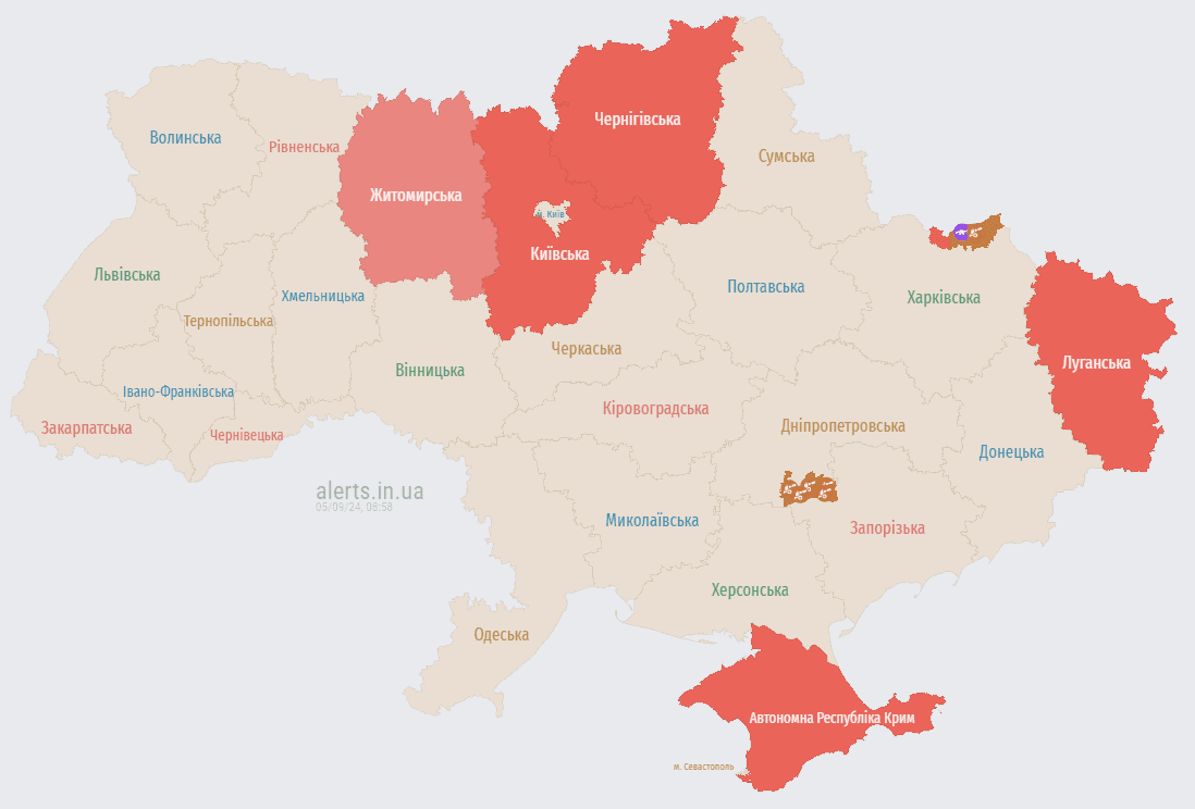 Вибухи в Києві 5 вересня: Усі дрони, які загрожували столиці, знешкоджено Фото 1 Карта повітряних тривог станом на 08:50 5 вересня 2024
