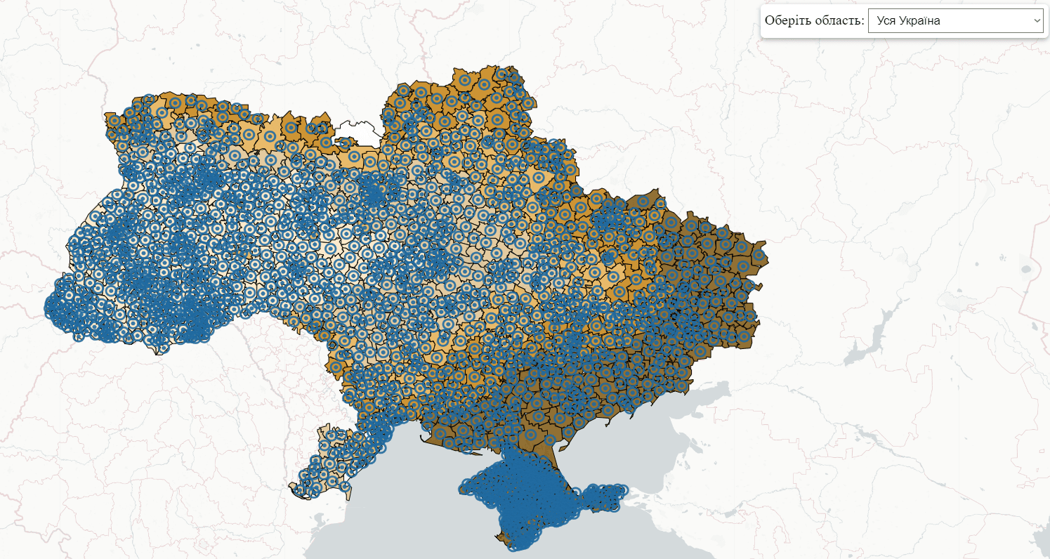У МОН затвердили перелік громад за рівнем ризику в системі освіти Фото 1 Скрин: Карта з переліком громад
