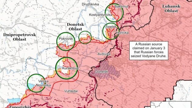 Карта бойових дій у Донецьку 4 січня 2025 року Карта бойових дій у Донецьку 4 січня 2025 року