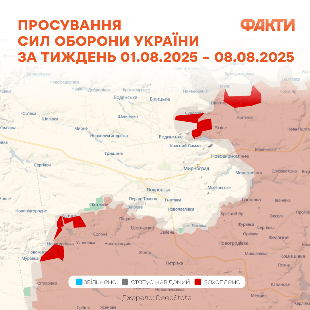 Тяжелая ситуация возле Покровска, поражение 5 самолетов РФ в Саках, анонс встречи Трампа с Путиным: главное за неделю Фото 1 Ситуація на фронті: зміни та просування ворога на карті бойових дій з 1 до 8 серпня 2025 Фото 1
