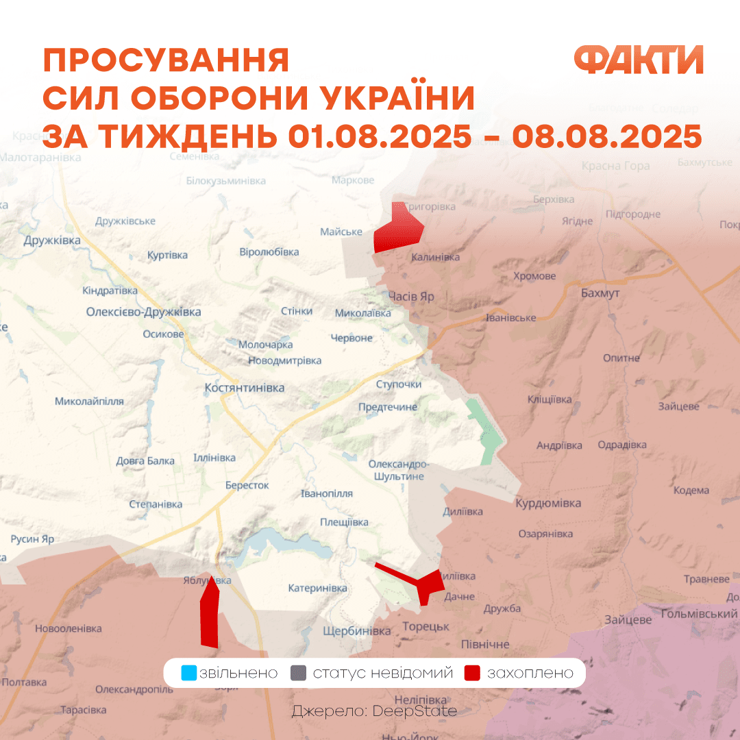Тяжелая ситуация возле Покровска, поражение 5 самолетов РФ в Саках, анонс встречи Трампа с Путиным: главное за неделю Фото 2 Ситуація на фронті: зміни та просування ворога на карті бойових дій з 1 до 8 серпня 2025 Фото 2
