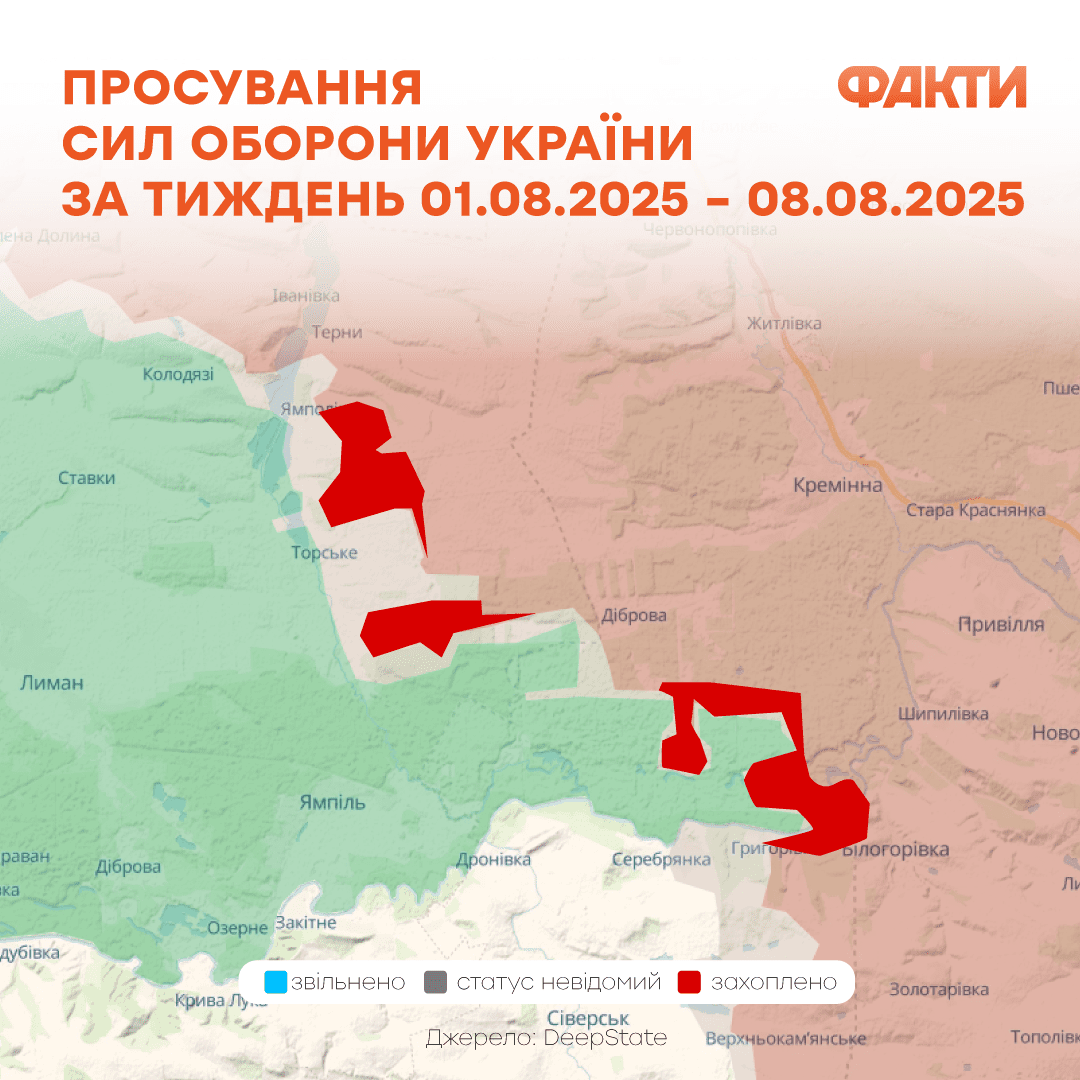 Тяжелая ситуация возле Покровска, поражение 5 самолетов РФ в Саках, анонс встречи Трампа с Путиным: главное за неделю Фото 3 Ситуація на фронті: зміни та просування ворога на карті бойових дій з 1 до 8 серпня 2025 Фото 3