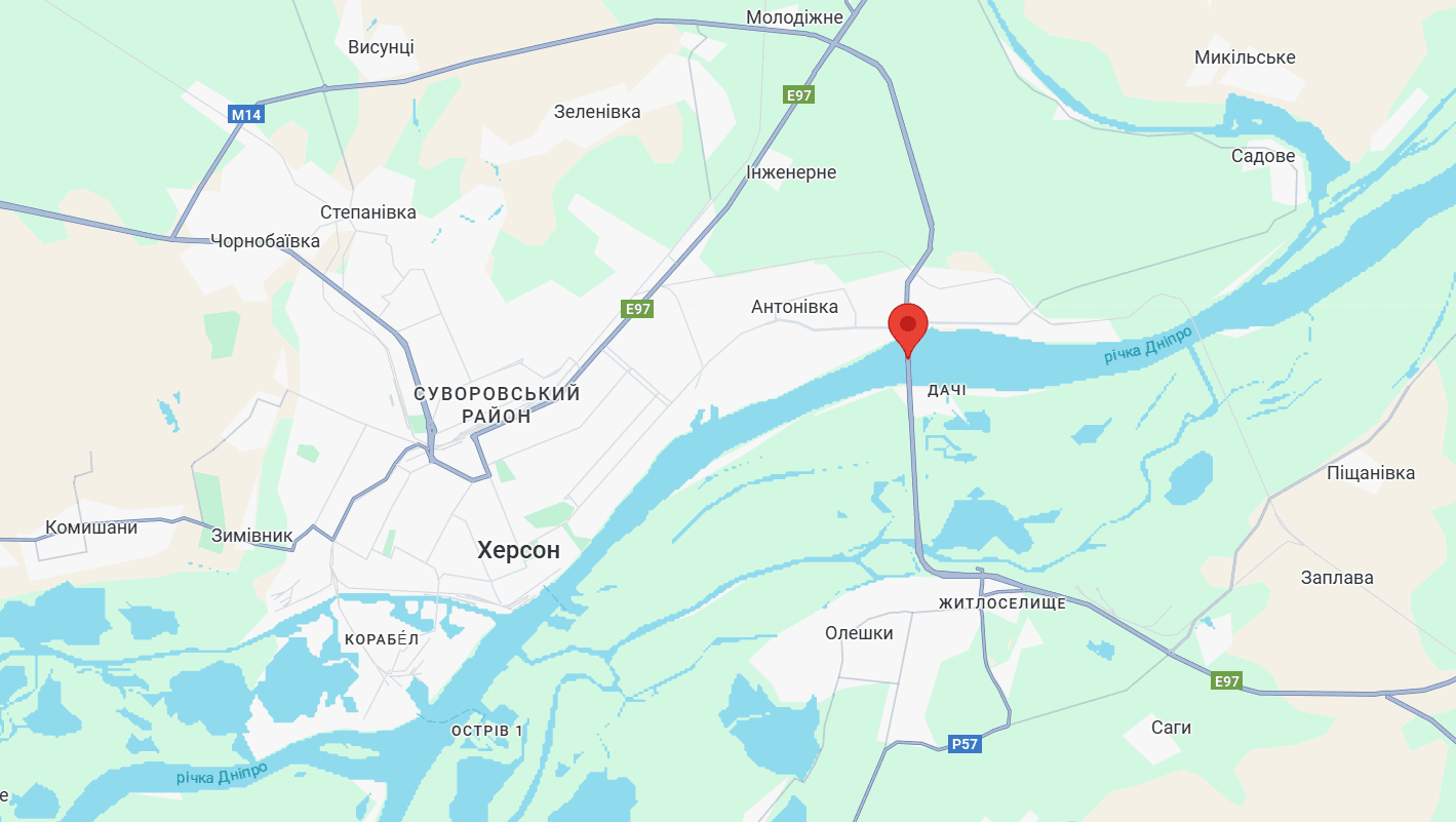 РФ активизировала штурмы у мостов в Херсонской области, в частности Антоновского Фото 1 Антонівський міст у Херсонській області на карті GoogleMap