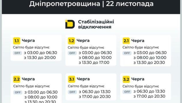 Графік відключення світла у Дніпрі та Дніпропетровській області 22 листопада