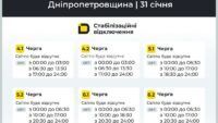 Графіки відключення світла 31 січня, Дніпро і область Графіки відключення світла 31 січня