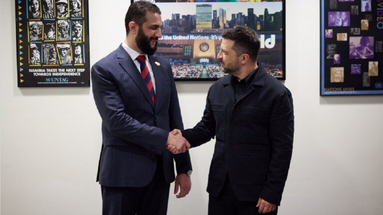 Volodymyr Zelenskyy and Syrian President Ahmed al-Sharaa